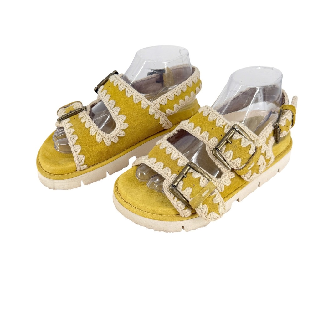Mou Bio Sandal Suede Crochet Stitch Platform Buckle Sandals 37 7 Mustard Yellow